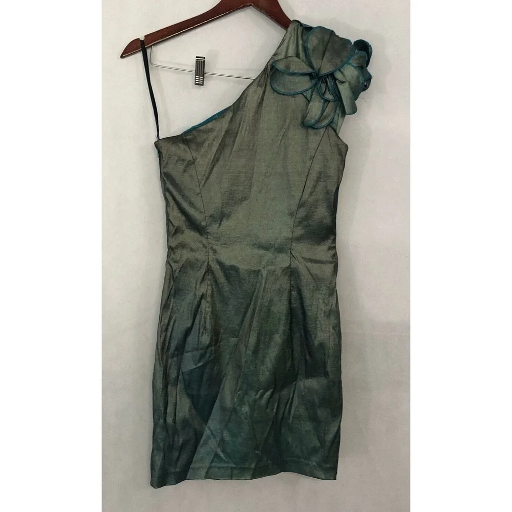 Jessica McClintock Dress Womens 8 Metallic Blue Green Prom Short Ruffle 90s NEW - Picture 4 of 7